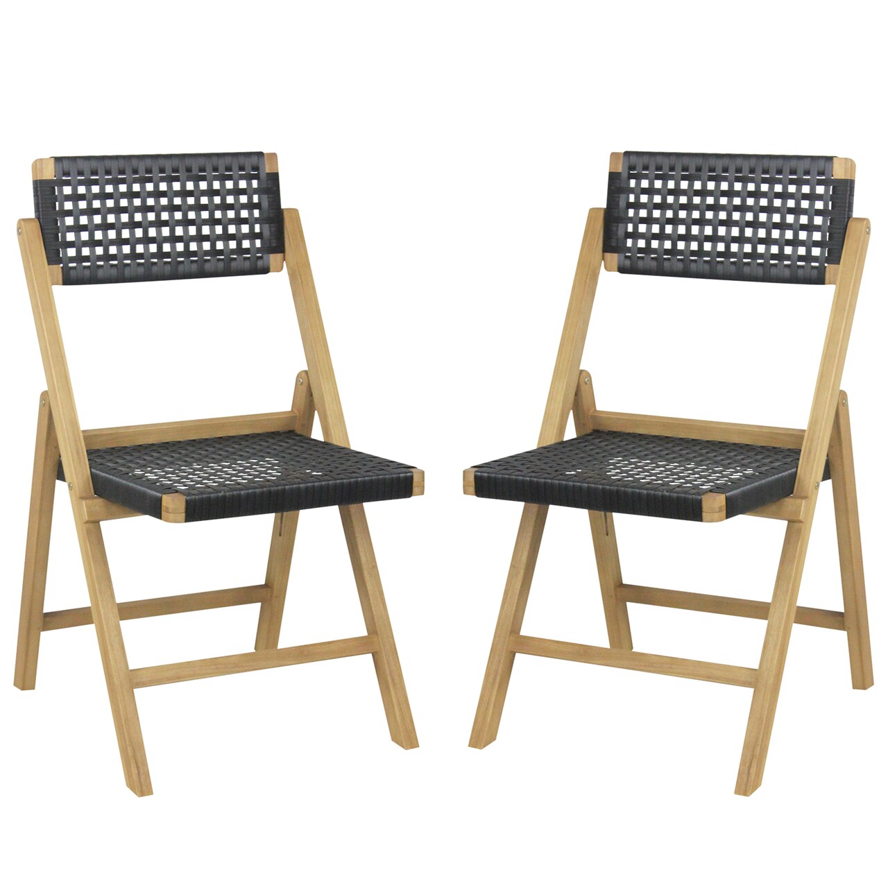 Set Of 2 Folding Chairs Indonesia Teak Wood Dining Chairs With Woven Rope Seat And Back